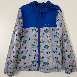 Eddie Bauer Camping Print Blue Spring Rain Hooded Lightweight Jacket Boy Size 7